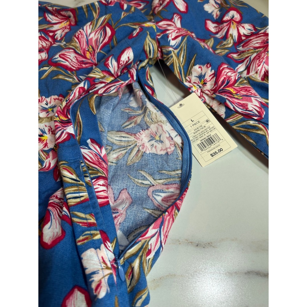 A New Day Blue Floral Cotton Linen Square Neck Puff Sleeve Mini Dress L NEW - Picture 7 of 10
